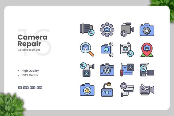 Camera Repair Color Icons: A Versatile Graphic Asset for Branding