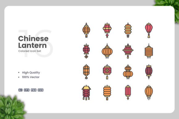 Chinese Lantern Color Icons for Local Business Branding