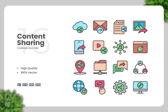 Content Sharing Color Icons for Graphics and Digital Products
