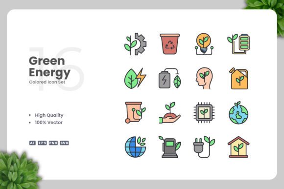 Green Energy Color Icons for Graphic Design Projects